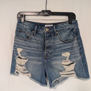 Good American Faded Blue Distressed High-Rise Denim Shorts